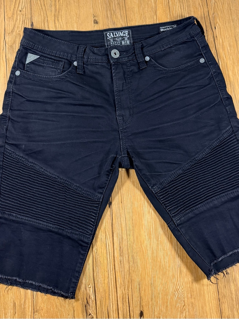 Salvage Havoc Buckle Mens 34 Black Moto Biker Denim Shorts Slim Straight